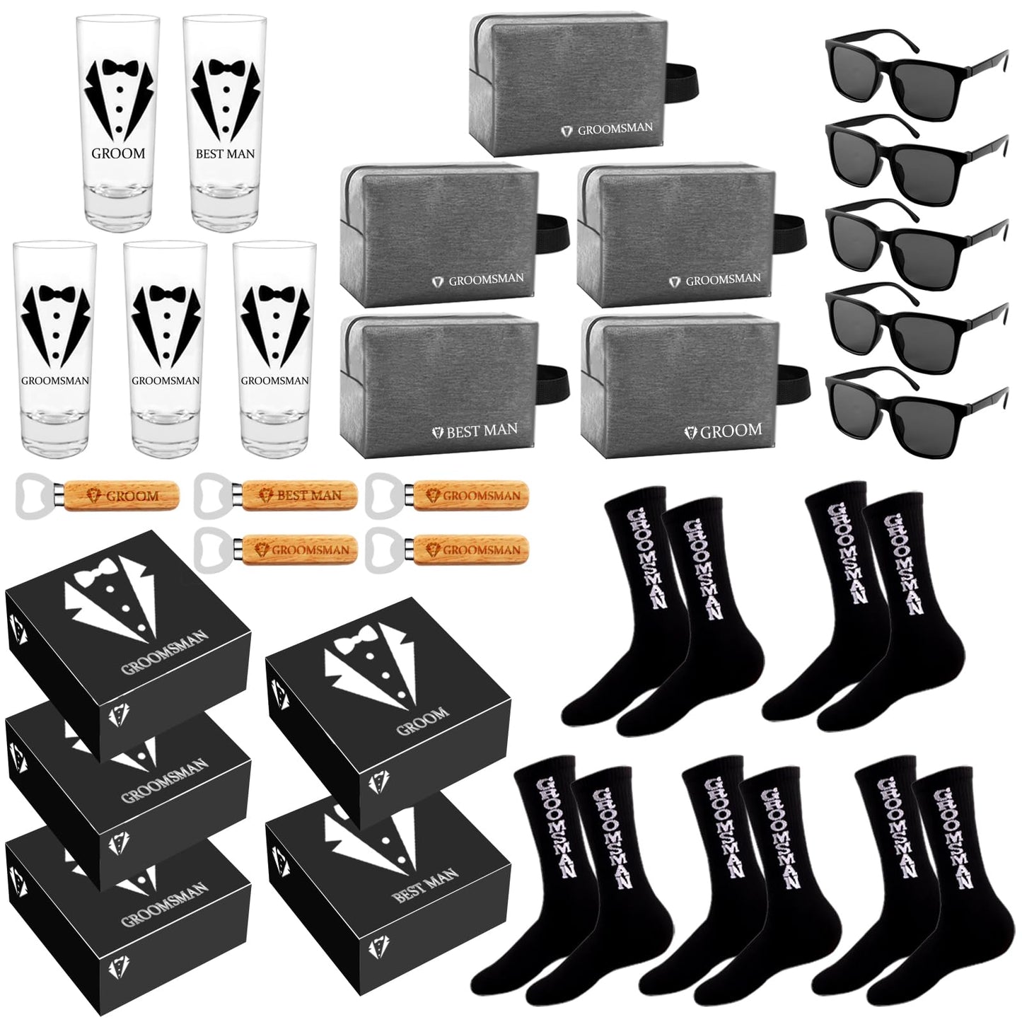 Groomsmens Gifts Set of 5,Groom Best Man Groomsmen Proposal Gifts,2oz Shot Glass,Black Sunglasses,Oxford Bags,Bottle Openers,Black Proposal Boxes,Socks,Wedding Bachelor Party for Groom