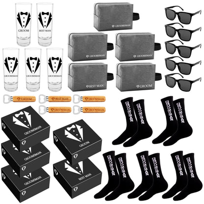 Groomsmens Gifts Set of 5,Groom Best Man Groomsmen Proposal Gifts,2oz Shot Glass,Black Sunglasses,Oxford Bags,Bottle Openers,Black Proposal Boxes,Socks,Wedding Bachelor Party for Groom