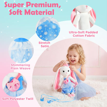 Ballerina Doll Stuffed Animals Girl Toys Age 3-8, Bunny Stuffed Animal, Ballet Dress Up Doll, Kids Pretend Play with 4 Set Clothes, Cape,Plush Bag 3 4 5 6 7 8 Year Old Girl Gifts Dance Recital Gifts