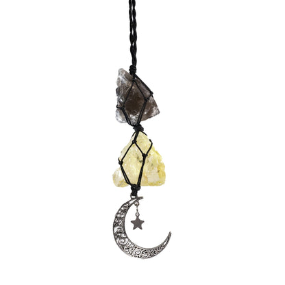 BOHO GARDEN Hanging Car Charm - Smoky Quartz & Citrine - Dangling Moon, Healing Crystal Accessories, Rearview Mirror Decorations ÐGrounding, Cleansing, Protection, Joy, Abundance, Clarity, Energy