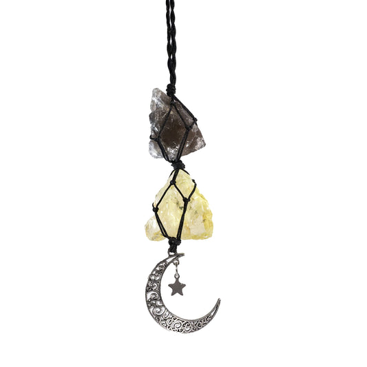 BOHO GARDEN Hanging Car Charm - Smoky Quartz & Citrine - Dangling Moon, Healing Crystal Accessories, Rearview Mirror Decorations ÐGrounding, Cleansing, Protection, Joy, Abundance, Clarity, Energy
