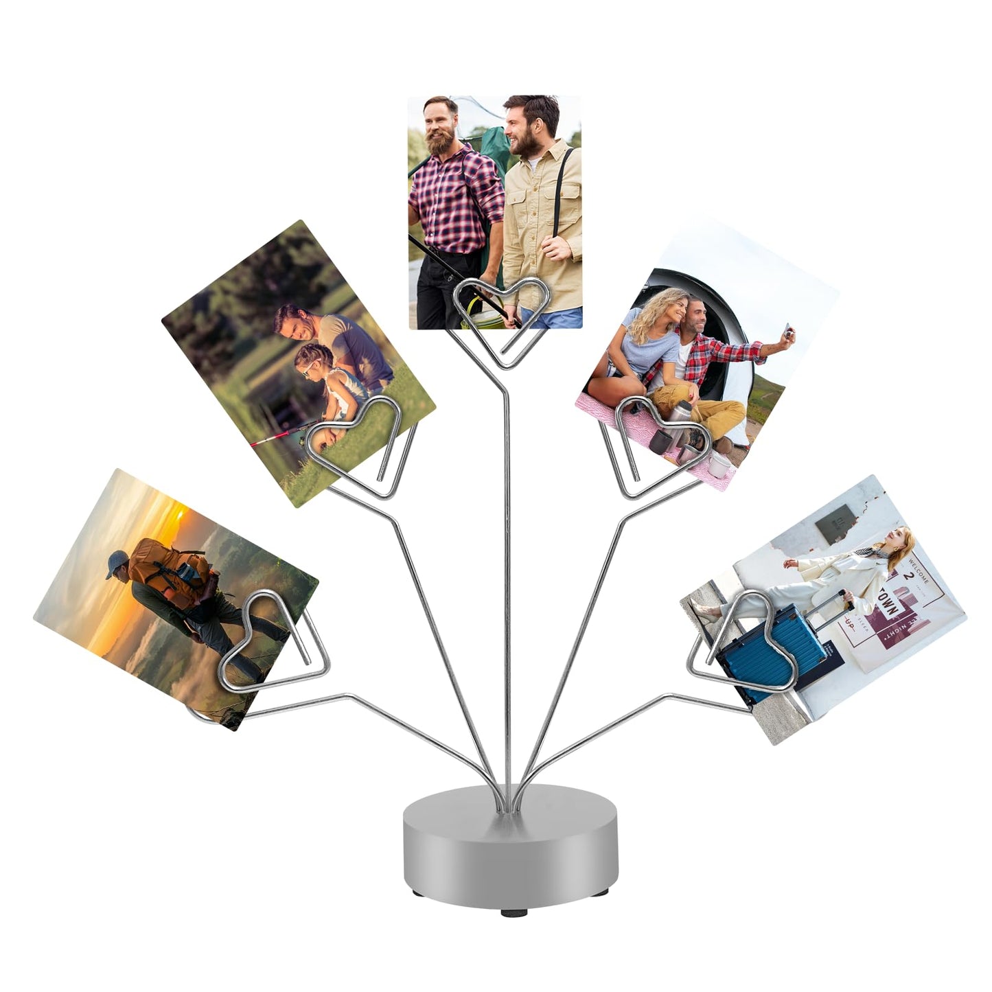 Desktop Heart-Shaped Photo Tree Style Holders Round Base,5-Branch Family Picture Frame Clips Holder Desk Card Display Stand for Christmas,Wedding, Birthday Party,Gift Silver