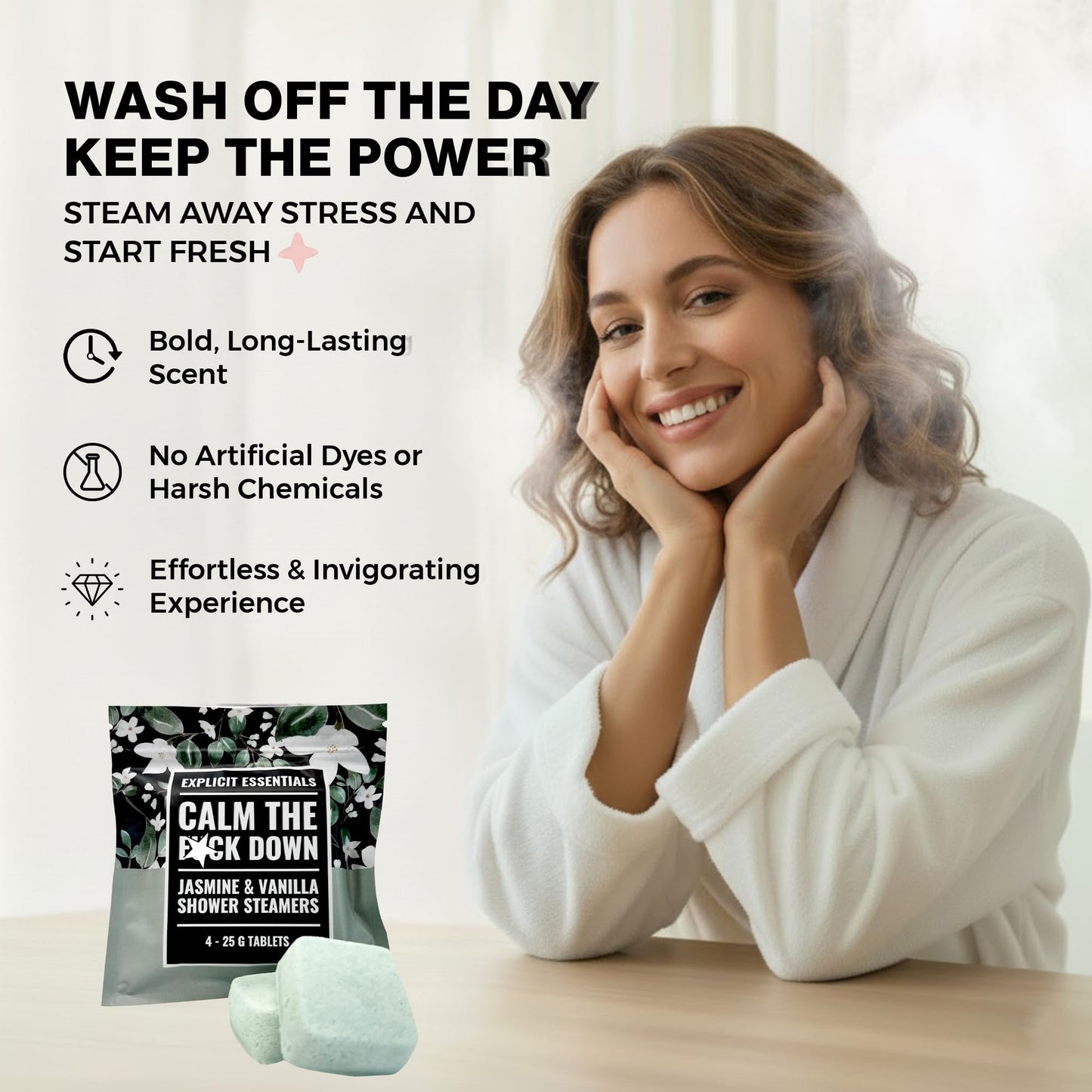 Explicit Essentials Calm The F Down Shower Steamers | Jasmine Vanilla Aromatherapy Shower Steamers for Relaxation & Stress Relief | Spa Shower Gift for Self-Care, Birthdays & Holidays