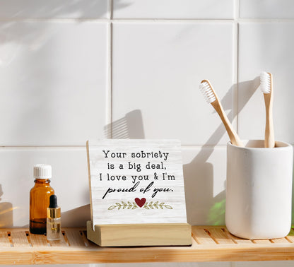 QASHWEY Sobriety Gifts for Women Men - Your Sobriety is a Big Deal Wood Plaque Sign Desk Decor, Encouraging Gifts, Recovery Gift,Motivational Wood Plaque Sign Desk Decor with Wooden Stand for Home