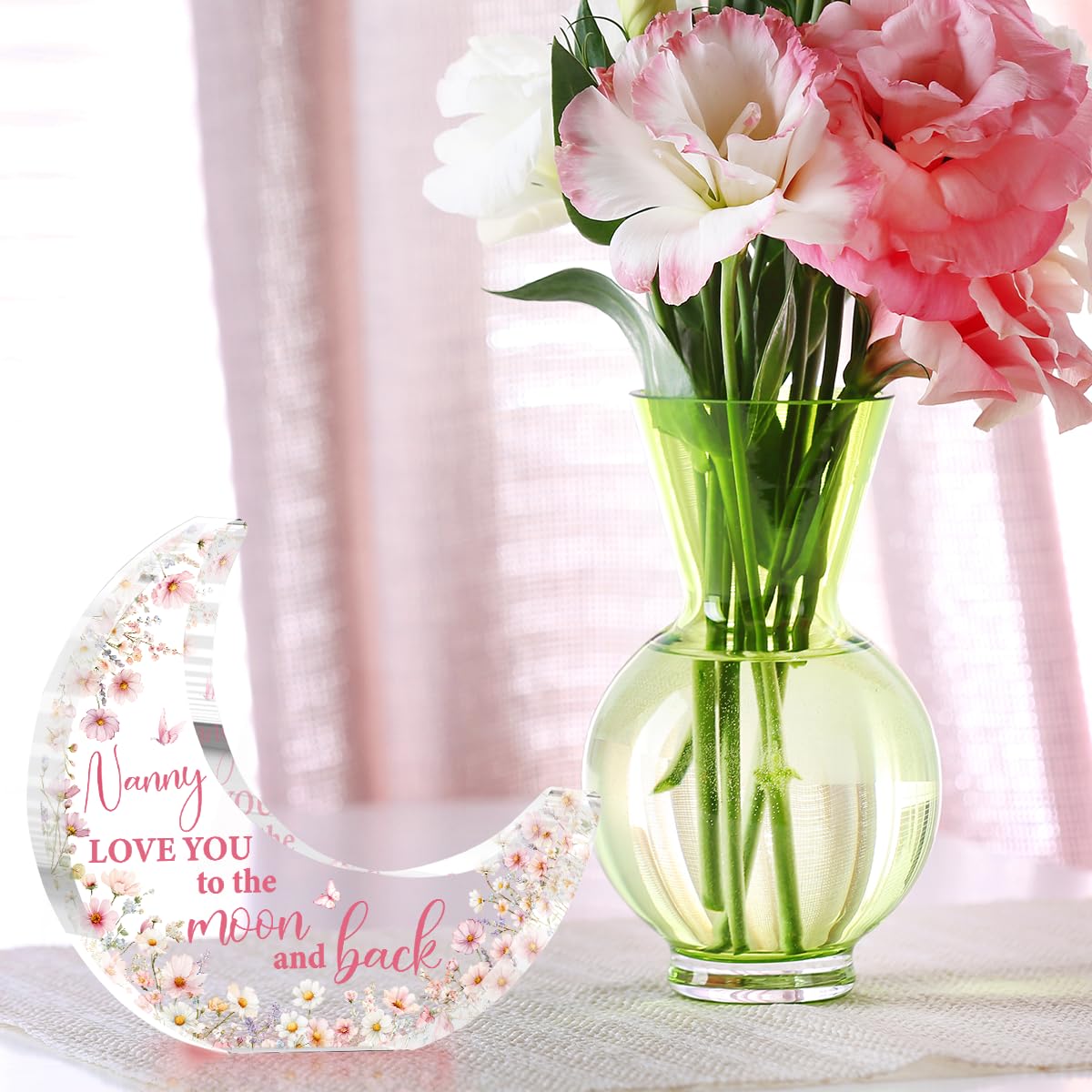 Nanny Gifts, Mothers Day Birthday Gifts for Grandma, Moon Acrylic Desk Decorations, Retirement Appreciation Gift for Women Granny Nana, Pink Floral Acrylic Plaque for Office Bedroom Decor