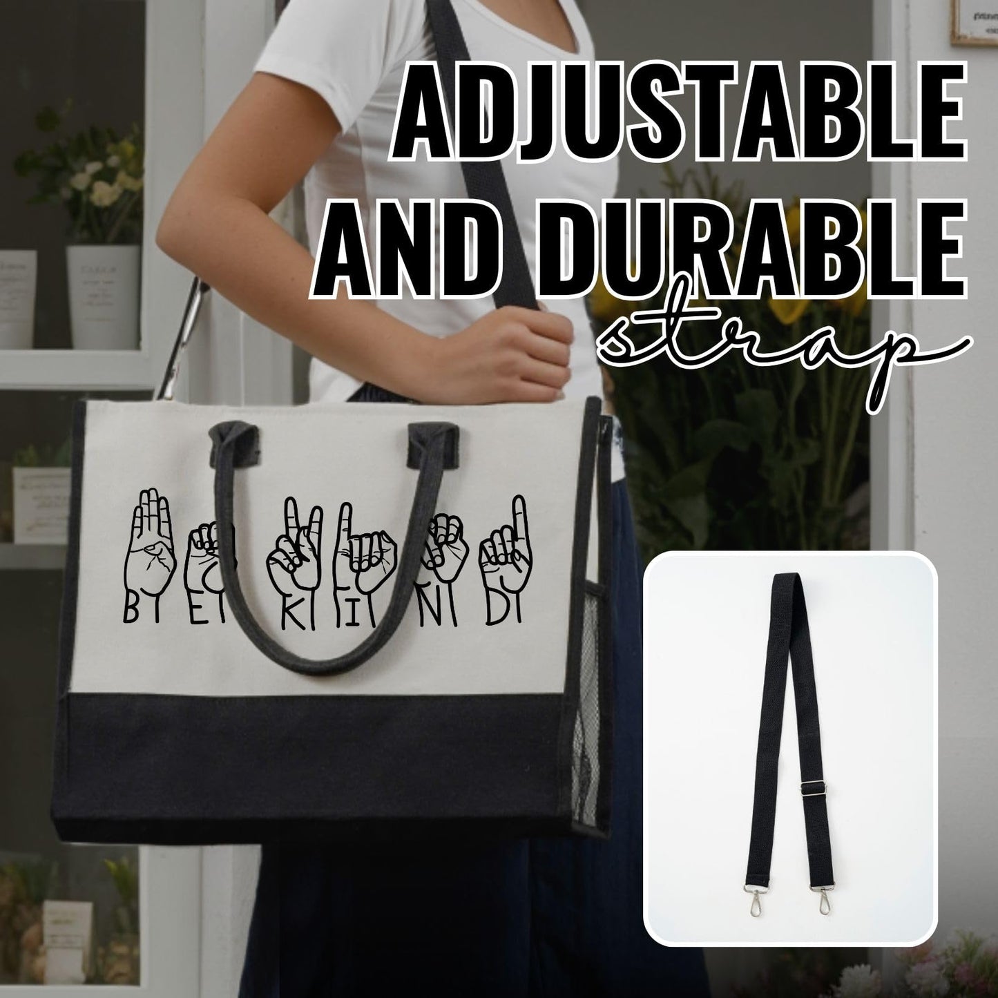 InnoBeta ASL Gifts for Women, Canvas Tote Bag with Top Zipper Closure and Shoulder Strap