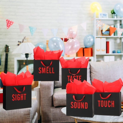 Kolldenn 5 Senses Gift Bags for Him and Her Five Senses Gift Bag with Ribbon Handles and Tissue Paper Present Wrappings for Valentine Wedding Birthday Mothers Day (Black Red,11.8 x 10 x 4 Inch)