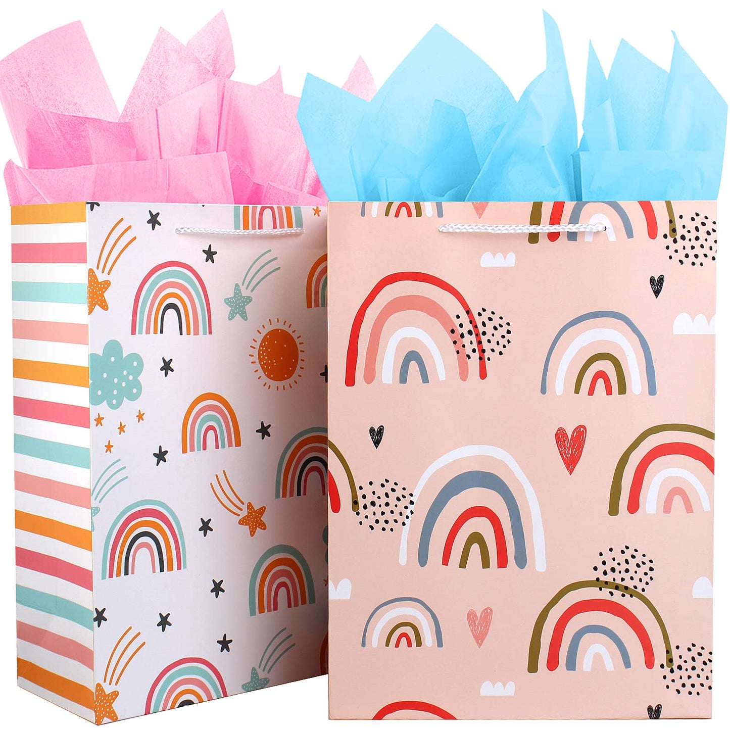 Gift Bag for Girls, Birthday Large Gift Bag Bulk Set Included 2 Pack Paper Gift Bags with Tissue Paper, Rainbow Gift Bags for Kids, Baby, The Colorful Pink Red Gift Bags with Handles, The Pretty Present Bag Gift Bags for Birthday, Party, Baby Shower...
