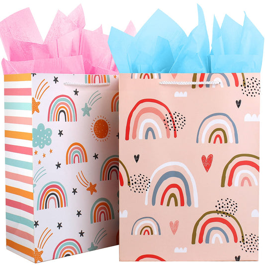 Gift Bag for Girls, Birthday Large Gift Bag Bulk Set Included 2 Pack Paper Gift Bags with Tissue Paper, Rainbow Gift Bags for Kids, Baby, The Colorful Pink Red Gift Bags with Handles, The Pretty Present Bag Gift Bags for Birthday, Party, Baby Shower...