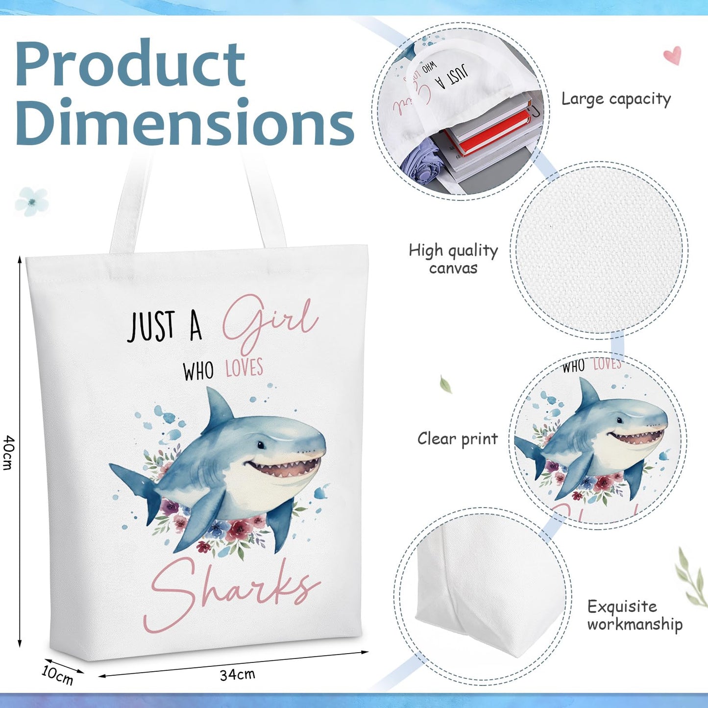 Ceenna 5 Pcs Shark Gifts for Women, Just a Girl Who Loves Shark Cosmetic Makeup Bag, Canvas Bag, A6 Spiral Notebook Lined Journal, Writing Gel Ink Pen and Funny Keychain for Girl Animal Lovers Gift