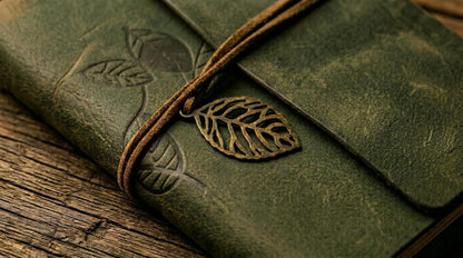 EvZ 5 Inch Mini Vintage Leather Journal, Pocket Size Refillable Loose Leaf Notebook, Retro Dark Green PU Cover with Metal Leaf Pendant, Blank Kraft Paper Small Travel Diary & Sketchbook