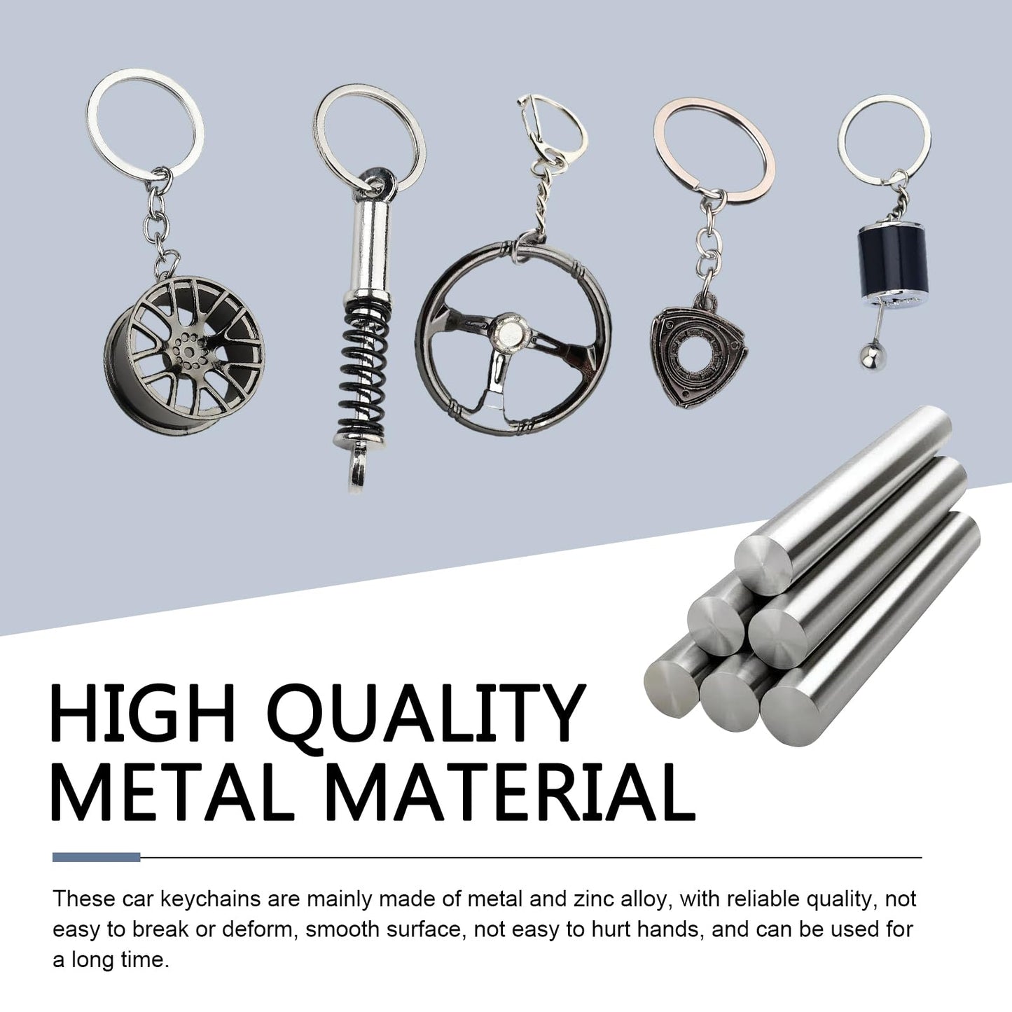 WZP 5PCS Car Keychains, Metal Car Parts Model Key Chain Kit, Steering Wheel, Tire Rim, Spring, Manual Transmission, Rotor Engine Keychain, Para Carros for Auto Lover Christmas Graduation Guy Gifts
