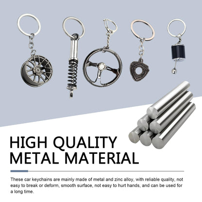WZP 5PCS Car Keychains, Metal Car Parts Model Key Chain Kit, Steering Wheel, Tire Rim, Spring, Manual Transmission, Rotor Engine Keychain, Para Carros for Auto Lover Christmas Graduation Guy Gifts