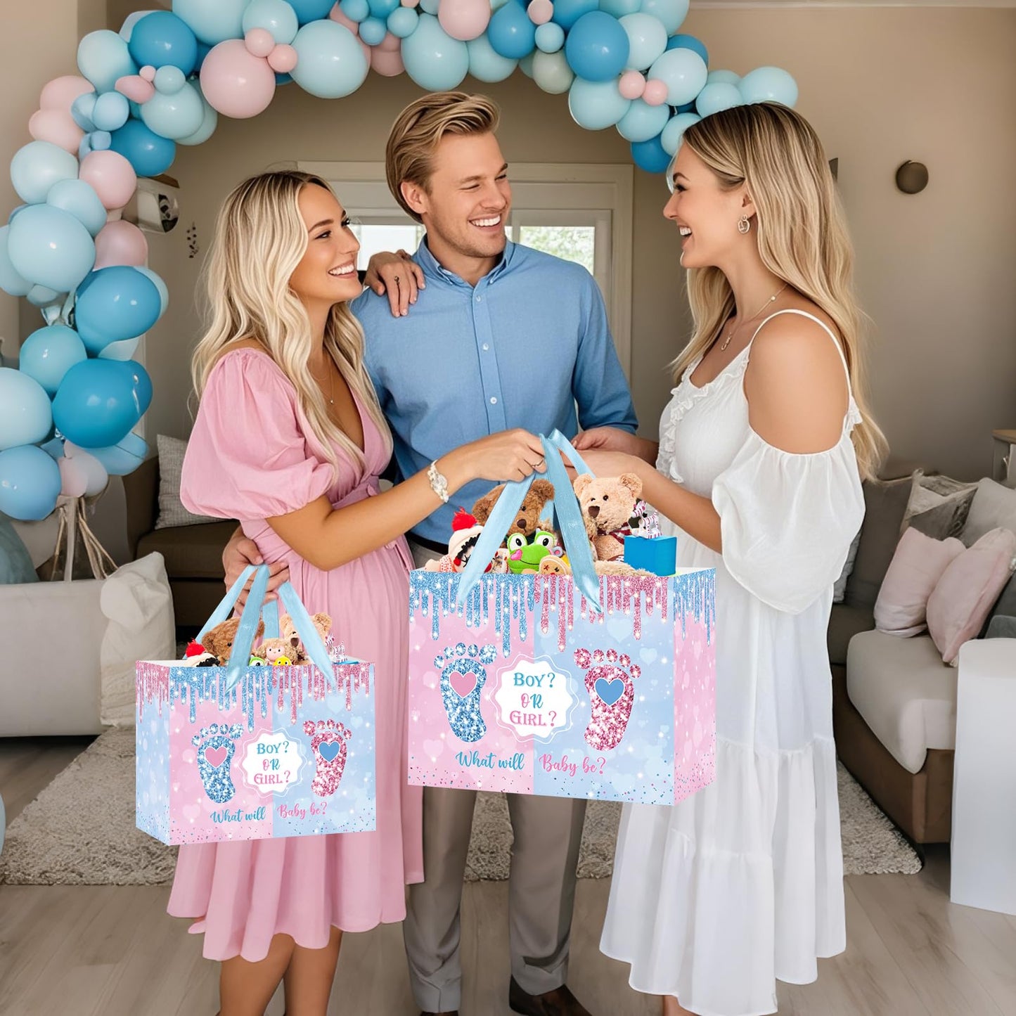 Gender Reveal Gift Bag Blue Pink Boy or Girl Paper Bag with Wrapping Paper Card What Will Baby Be Party Decoration Little Feet Treat Candy Bag for Baby Shower Gender Reveal Birthday Party Supplies