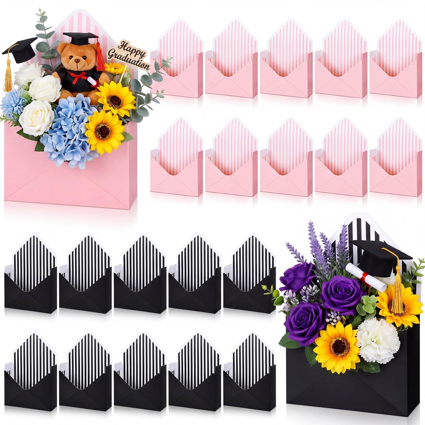 Outus 20 Pcs Floral Envelope Boxes for Graduation Empty Paper Flower Bouquet Envelop Paper Boxes Pink Black Stripe Florist Flower Bags for Gift Packaging Birthday Wedding Party