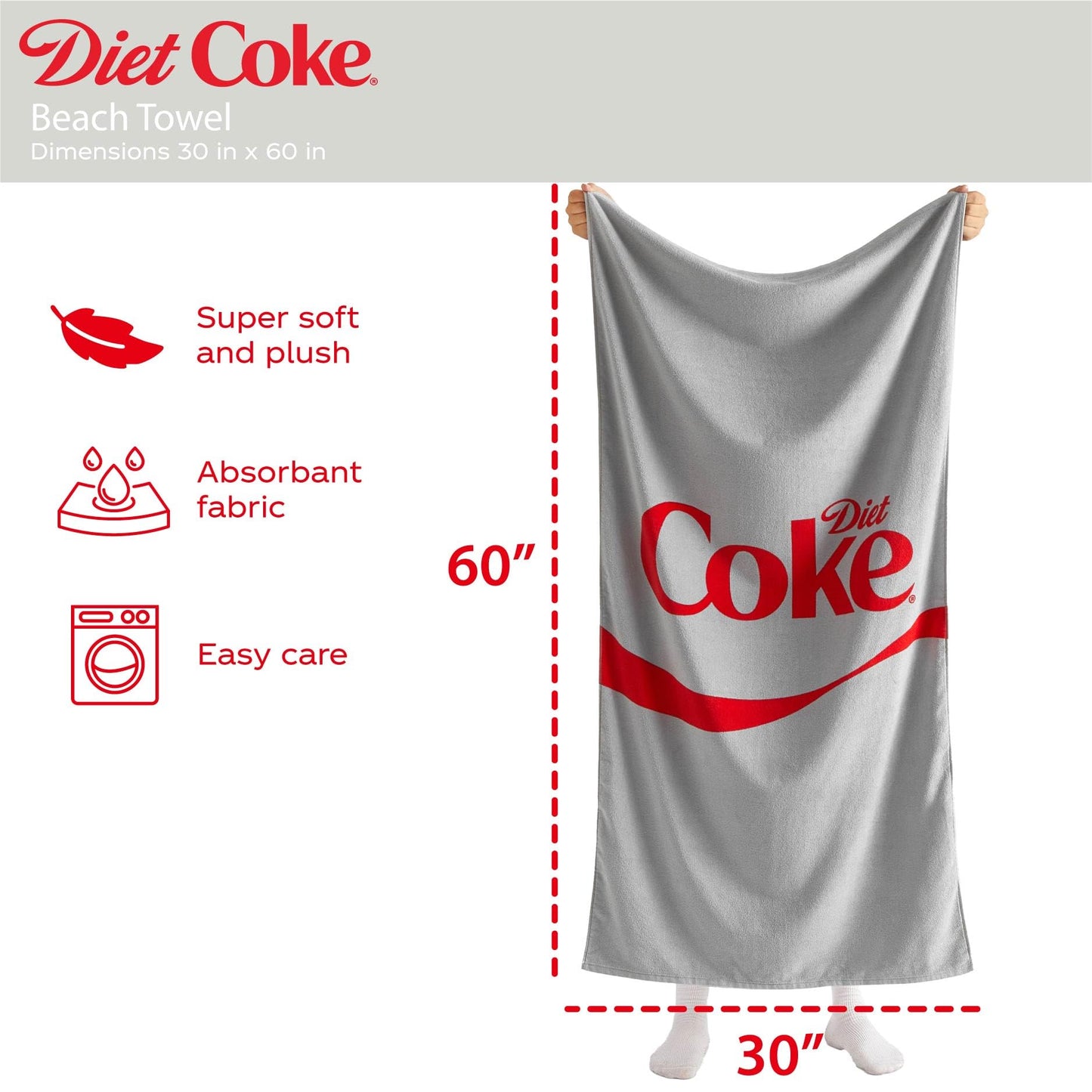 Diet Coke Logo Beach Towel,30"x60" Large Gray Bath Towel with Red Script Design, Soft Cotton Rich Pool & Beach Towel