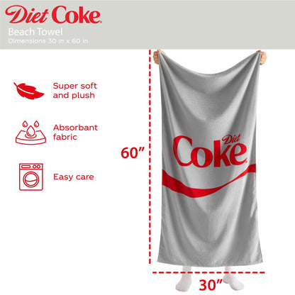 Diet Coke Logo Beach Towel,30"x60" Large Gray Bath Towel with Red Script Design, Soft Cotton Rich Pool & Beach Towel