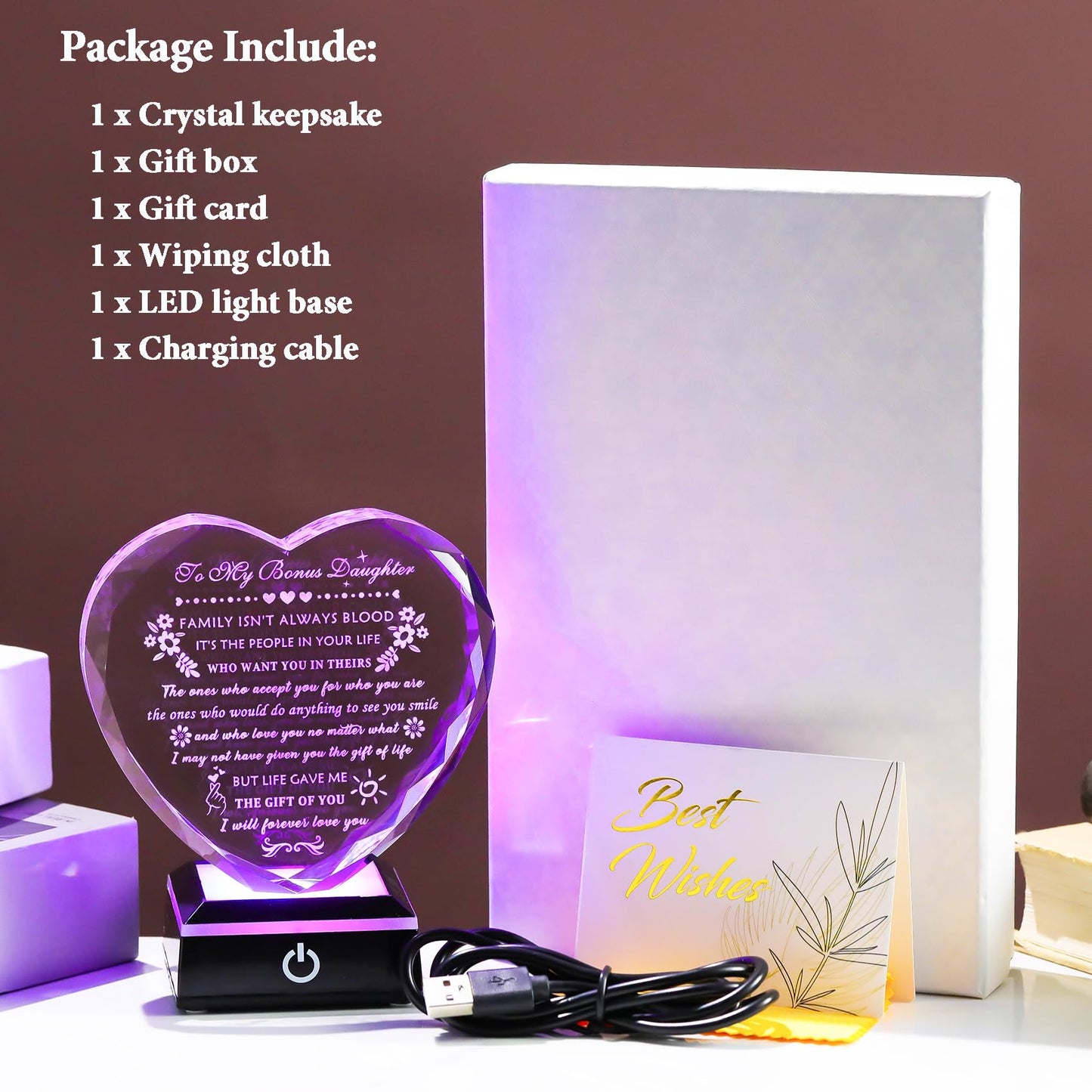 YWHL Bonus Daughter Gifts from Mom Dad Birthday Gifts for Bonus Daughter with Colorful Base Heart Shaped Crystal Keepsake To My Bonus Daughter Stepdaughter Gifts on Christmas Graduation Valentine's