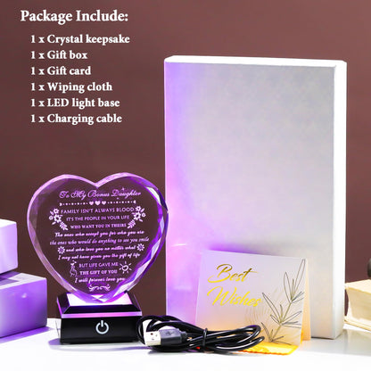 YWHL Bonus Daughter Gifts from Mom Dad Birthday Gifts for Bonus Daughter with Colorful Base Heart Shaped Crystal Keepsake To My Bonus Daughter Stepdaughter Gifts on Christmas Graduation Valentine's