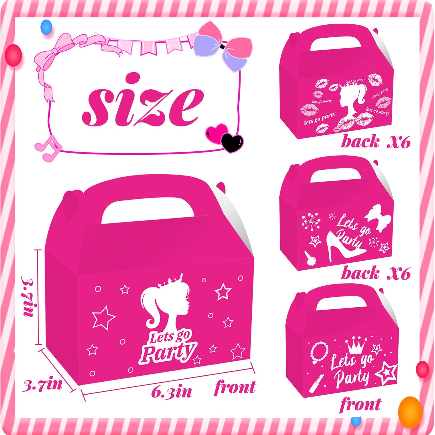 JeVenis 12 PCS Pink Candy Boxes - Let's Go Party Supplies - Gift Box Treat Bags for Girl Birthday Party & Bridal Shower