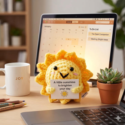 Positive Energy Crochet Sun Gift with Inspiring Affirmation Card, Handmade Emotional Support Sunshine, Thoughtful Stress Relief Present for Women and Men, Cute Birthday and Office Desk Décor
