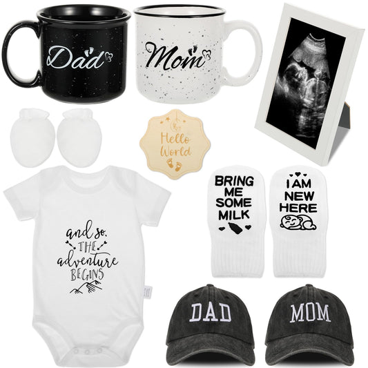 12 Pcs New Mom Gifts, New Parents Gifts for Couples, Gender Reveal, Expecting Parents to Be Baby Shower, Bear Mug, Decision Coin, Baby Socks, Bodysuit Set
