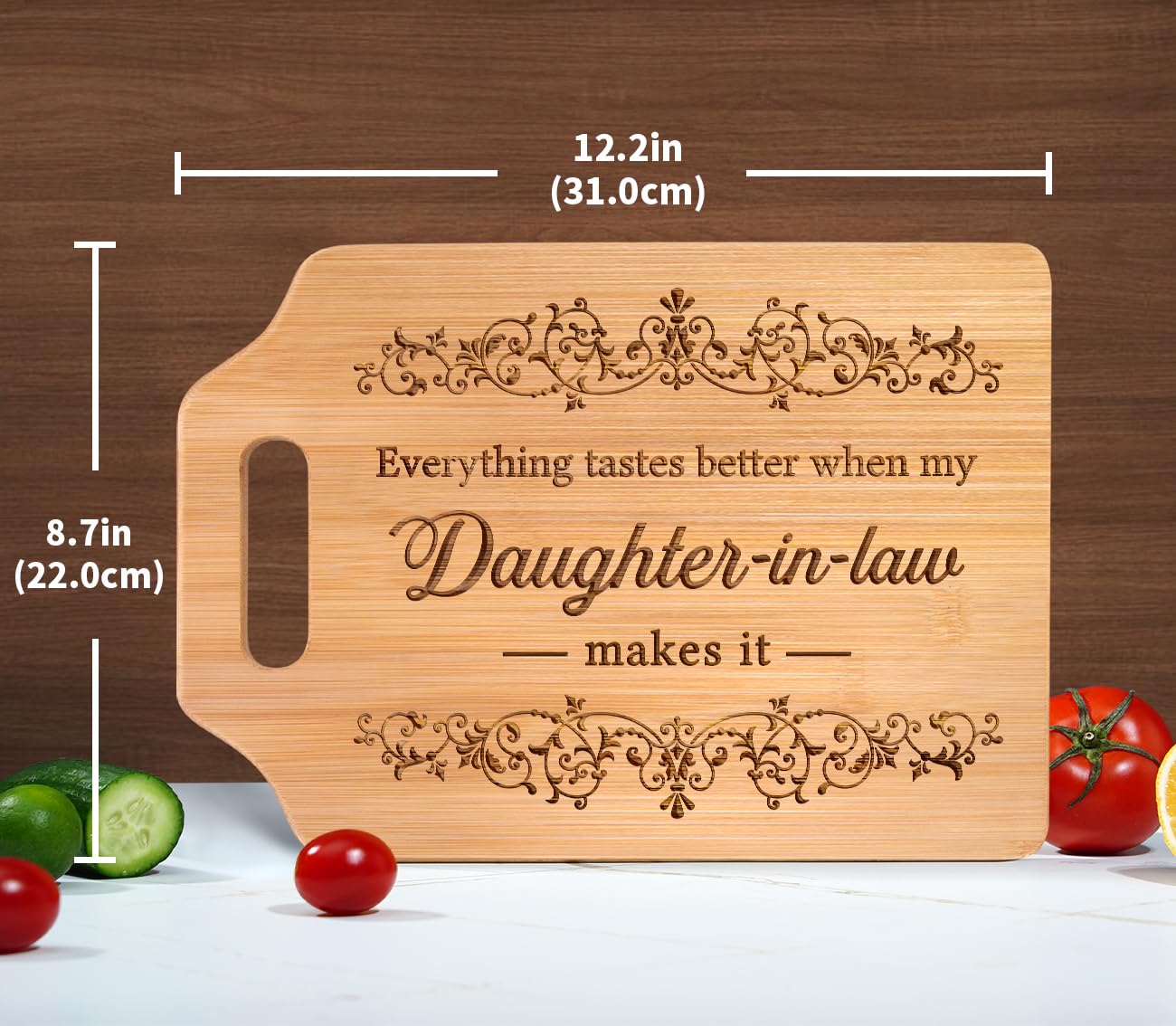 AceThrills Daughter in Law Gifts for Daughter in Law Birthday, Christmas, Mothers Day - Engraved Bamboo Cutting Board (Everything Tastes Better)