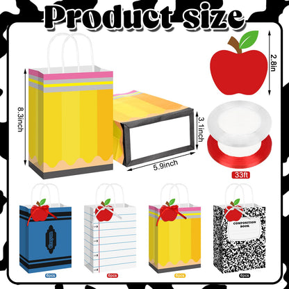 Geyoga 24 Sets End of Year Teacher Gift Bags with Apple Tag Pencil Notebook Composition Book Crayons Bag Teacher Appreciation Preschool Kindergarten Graduation Back to School Classroom Party Supplies