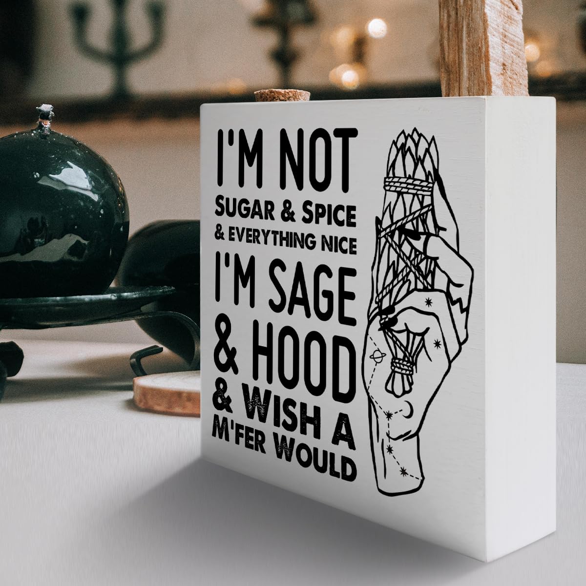 Witches Feminist Decor Wooden Box Sign, Celestial Witchy Witchcraft Decoration for Home Bedroom Bathroom Mystical Wiccan Table Decor, I'm Not Sugar, Witchy Gifts for Women Girls