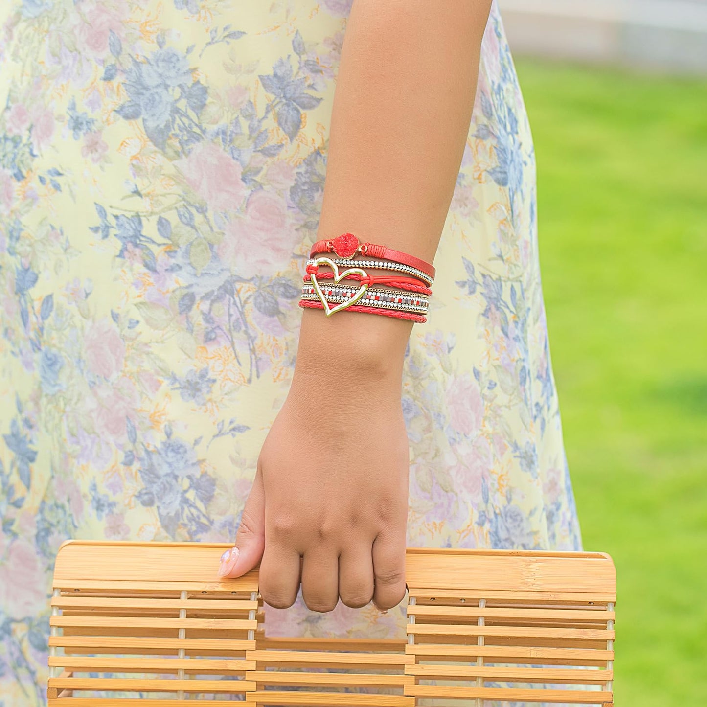 FANCY SHINY Heart Leather Wrap Bracelets Stackable Boho Cuff Bangles Trendy Resin Stone Rhinestone Bracelets with Magnetic Clasp for Women