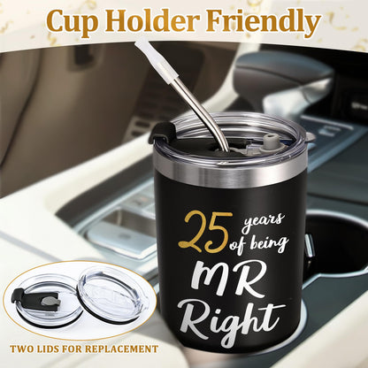 Lifecapido 25th Wedding Gifts, Couple Gifts for Parents Friends Hunsband Wife, 25th Mr Right & Mrs Always Right Tumbler Set with Lid & Straw(20oz, Black & White)