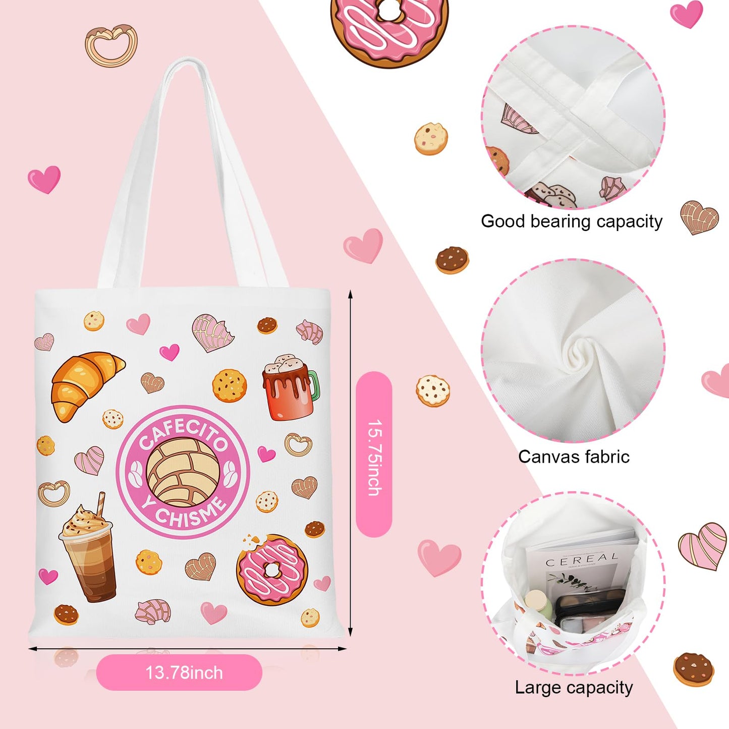 6 Pcs Funny Cafecito Y Chisme Gifts Mexican Concha Coffee Tote Bags and Makeup Bags Set Mexican Latina Coffee Theme Gift for Mother's Day Women