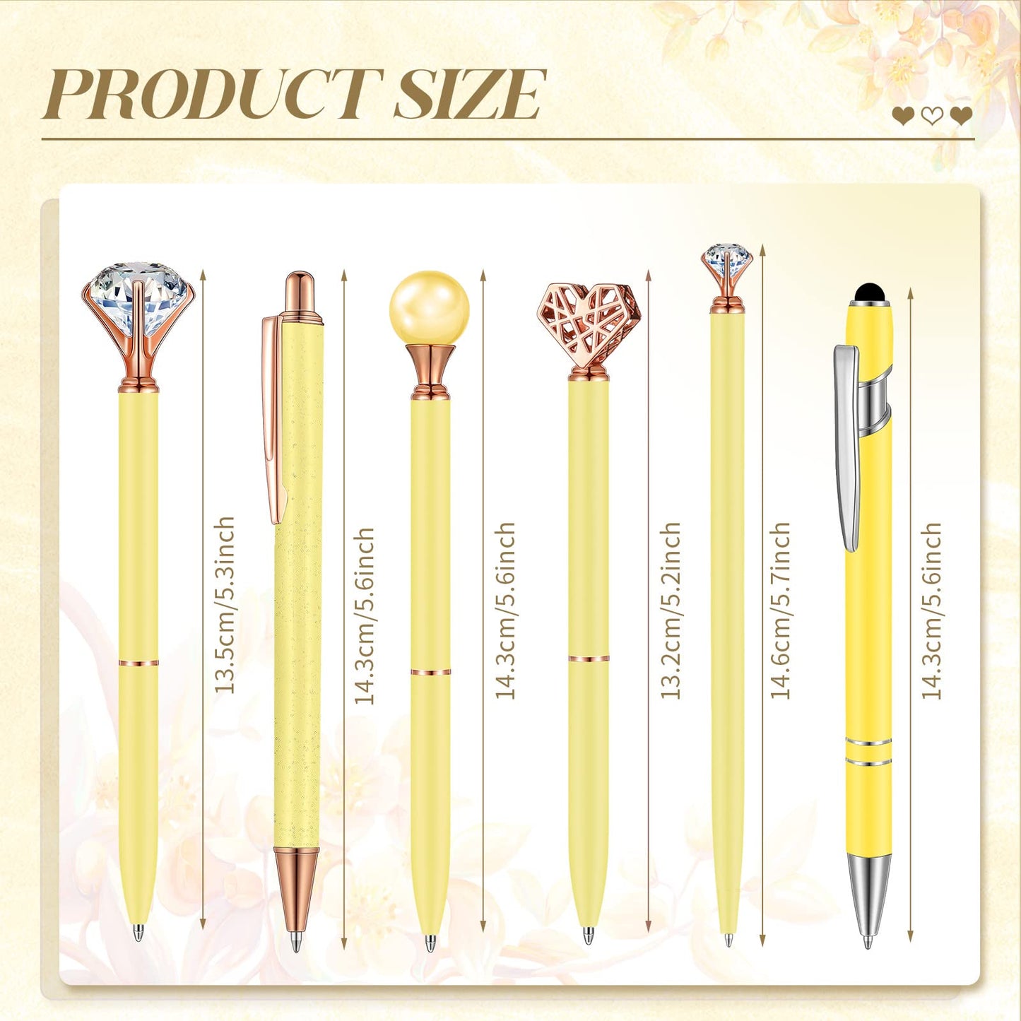 Qeeenar 6 Pcs Ballpoint Pens Set Metal Crystal Diamond Pen for Journaling Glitter Pretty Cute Stationery Black Ink Fancy Gifts for Women Girls Teacher Office Wedding School Supplies(Yellow)