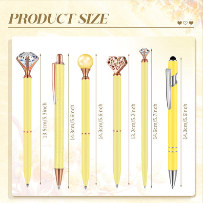 Qeeenar 6 Pcs Ballpoint Pens Set Metal Crystal Diamond Pen for Journaling Glitter Pretty Cute Stationery Black Ink Fancy Gifts for Women Girls Teacher Office Wedding School Supplies(Yellow)