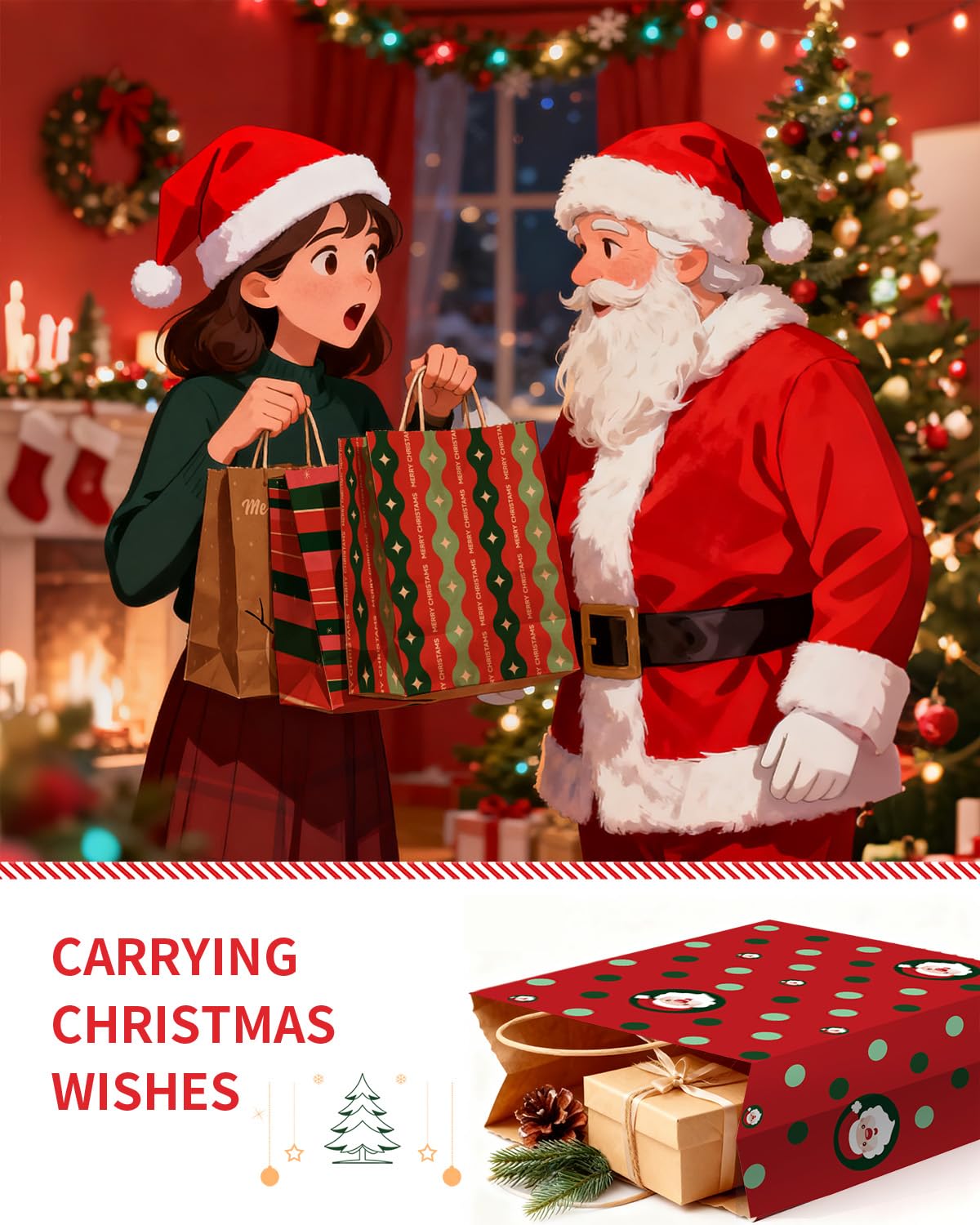 Bolthy Mid 24PCS Christmas Gift Bags 8" L × 4.25" W × 10.5" H - 12 Assorted Designs Kraft Paper Gift Bags, Eco-Friendly Durable Sac Cadeau for Holidays, Party Favors & Decorative Packaging