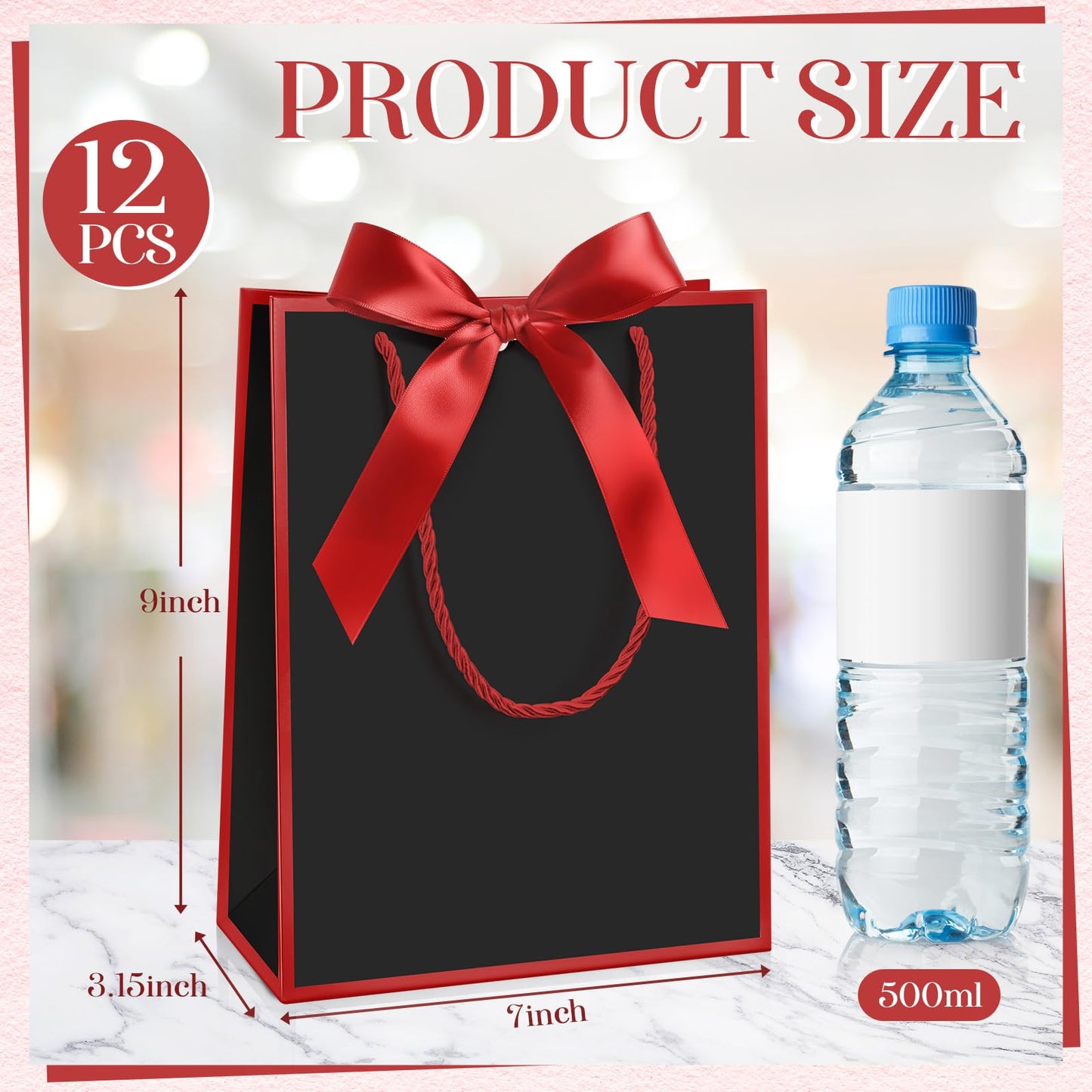 Silkfly 12 Pcs Wedding Paper Gift Bags with Handle 9x7x3.15'' Thank You Gifts Bags with Ribbon Bow Bridal Shower Gifts for Baby Shower Graduation Holiday Birthday Party Supplies (Black,Red)