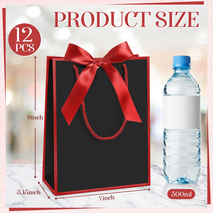 Silkfly 12 Pcs Wedding Paper Gift Bags with Handle 9x7x3.15'' Thank You Gifts Bags with Ribbon Bow Bridal Shower Gifts for Baby Shower Graduation Holiday Birthday Party Supplies (Black,Red)