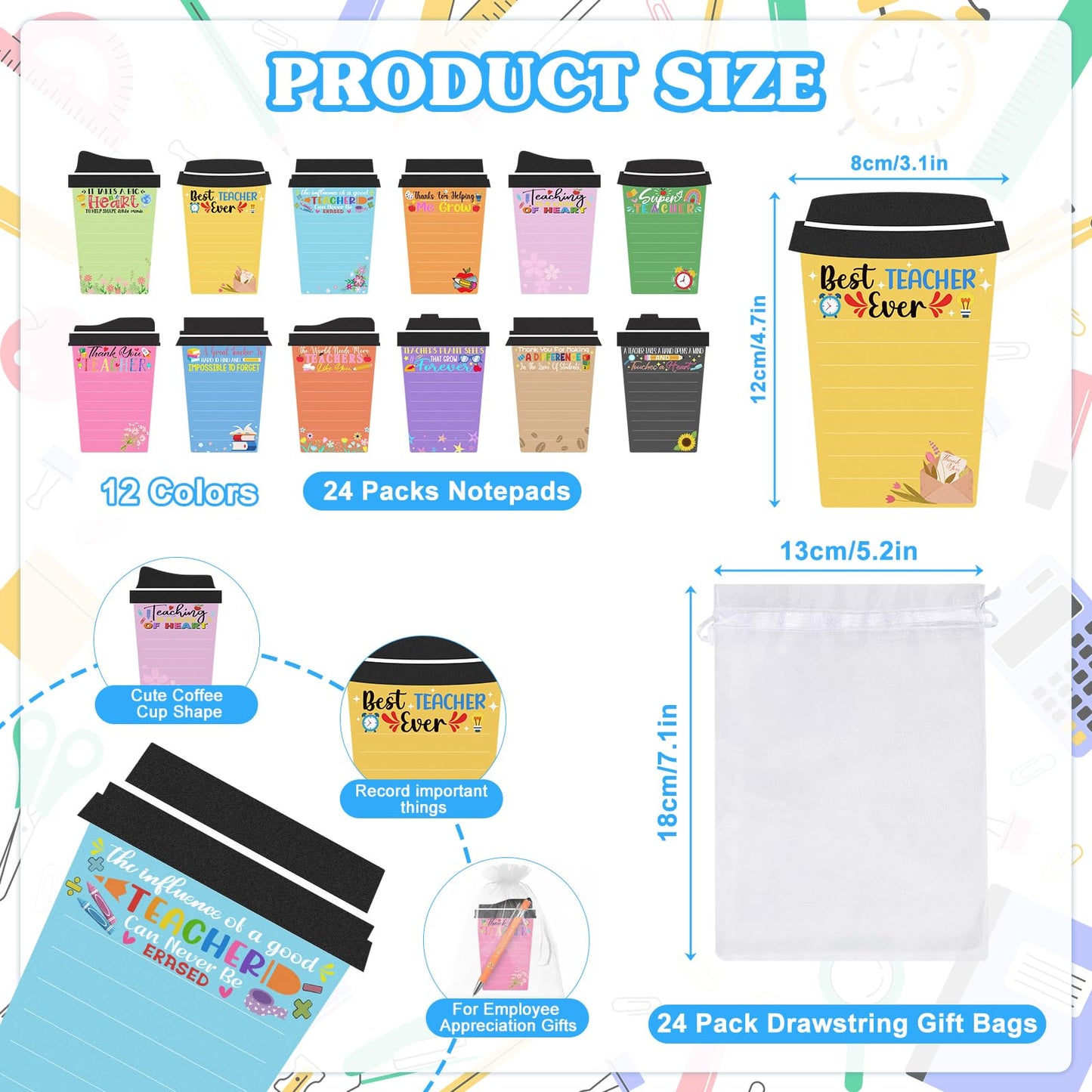 Mkway 24 Set Teacher Appreciation Gifts Bulk - 24 Coffee Cup Notepad+ 24 Ballpoint Pens+ 24 Drawstring Gift Bags, Bulk Gifts for School Office Christmas Teacher's Day Coworker Nurse Employee