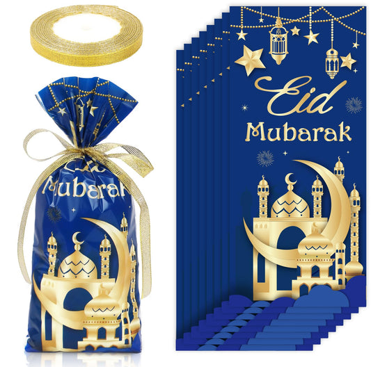 Whaline 100 Pcs Eid Mubarak Cellophane Bags with Ribbon Ramadan Plastic Treat Bags Blue Gold Candy Goodie Bags for Islamic Muslim Party Snack Cookie Packing Supplies