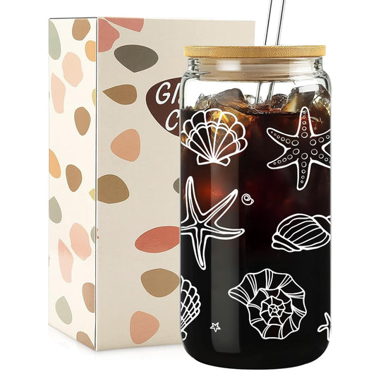 Mikopei Beach Gifts for Women - Ocean Animals Glass Cup with Lid and Straw, Cleaning Brush, Beach Room Decor, Coastal Decor for Home, Beachy Decorations, Iced Coffee Cup Tumbler, 16 oz