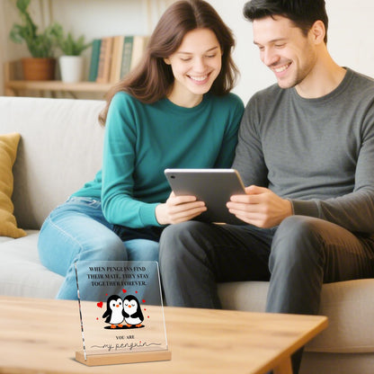 Romantic Penguin Acrylic Plaque with Wooden Stand, 5.9×5.9 Inch Clear Acrylic for Home Office Decor, Wedding Engagement Anniversary Birthday Valentines Day Gifts for Couples Him Her