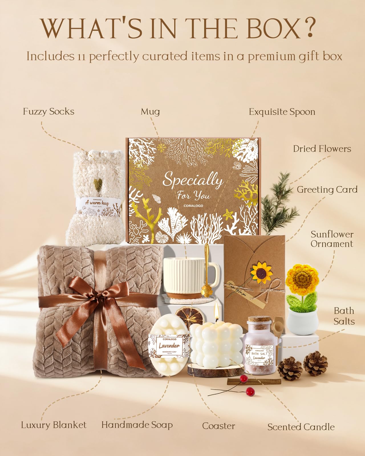 Spa Gift Baskets for Women - Mothers Day Gift Basket, Get Well Soon, Self Care, Relaxing Sunflower Package, 11pcs Spa Sets with Blanket, Luxury Gifts for Her Birthday Anniversary Mothers Day