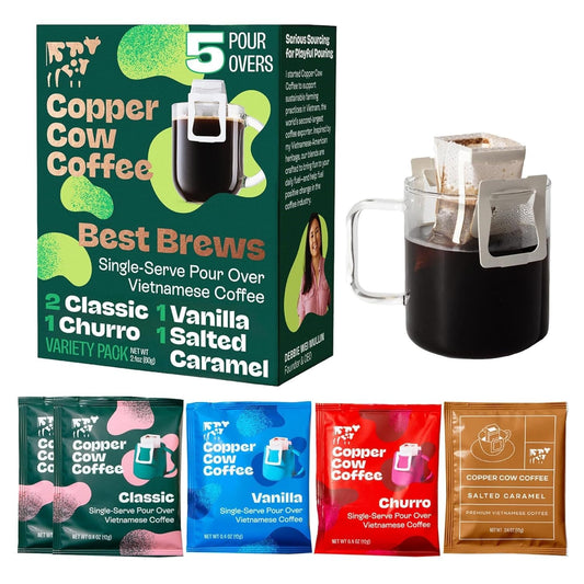 Copper Cow Coffee Vietnamese Pour Over Variety Pack, 5 Pack | 0.4 oz Each | Classic Black, Churro, Vanilla & Salted Caramel | Dark Roast Robusta | No Artificial Flavors | As Seen on Shark Tank