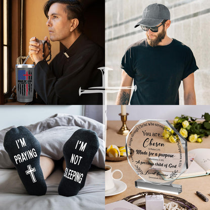 JTAMOHI 10 Pcs Christian Gifts for Men Faith, Inspirational Religious Gifts, Catholic Gift with 20 Oz Tumbler Bible Verses Crystal Plaque Hat Socks Bracelet for Husband, Dad, Grandpa, Friends