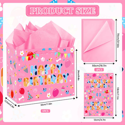 Cartoon Pink Dog Birthday Gift Bag with Wrapping Paper and Greeting Card Cute Hot Pink Dog Gift Wrap Paper Bags Large Cartoon Birthday Party Favor Bags Decorations for Girls Boys Party Supplies