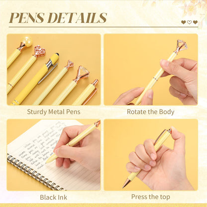 Qeeenar 6 Pcs Ballpoint Pens Set Metal Crystal Diamond Pen for Journaling Glitter Pretty Cute Stationery Black Ink Fancy Gifts for Women Girls Teacher Office Wedding School Supplies(Yellow)