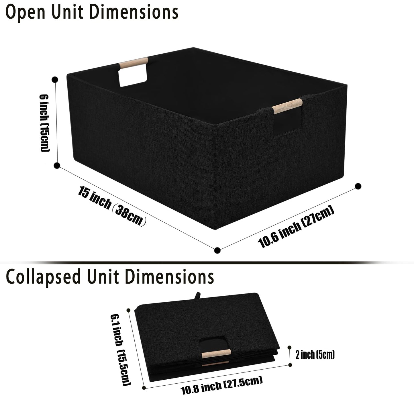 xianshengle Fabric Storage Basket for Shelves, Collapsible Storage Bins with wood Handles, Rectangle Closet Baskets, Wardrobe Organiser, for Sorting Clothes, Family Items (Black) (1)