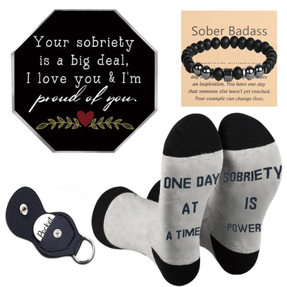 Sobriety Gifts for Men Women,4pcs Recovery Gift Set With Novlety Socks for Alcoholics Anonymous Addiction, Sobriety Pocket Hug Token