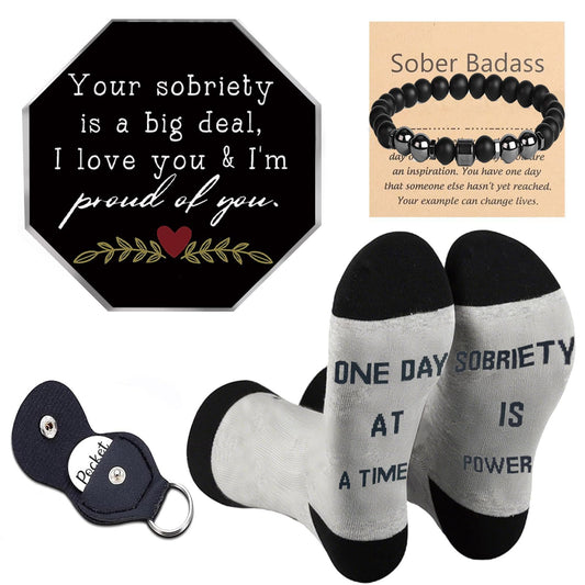 Sobriety Gifts for Men Women,4pcs Recovery Gift Set With Novlety Socks for Alcoholics Anonymous Addiction, Sobriety Pocket Hug Token