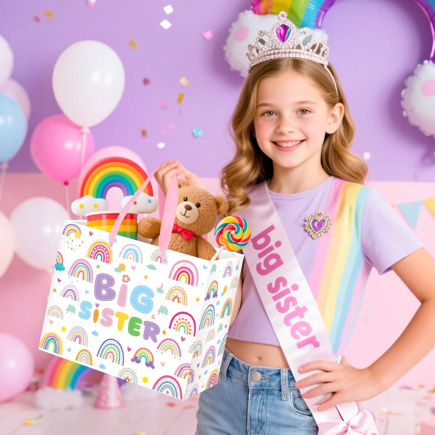 Big Sister Gift Bag for Girls, Cute Big Sister Gift Bag with Tissue Paper and Greeting Card Pink Wrapping Paper Cartoon Rainbow New Sister Party Decoration for Little Girl Birthday Party Supplies